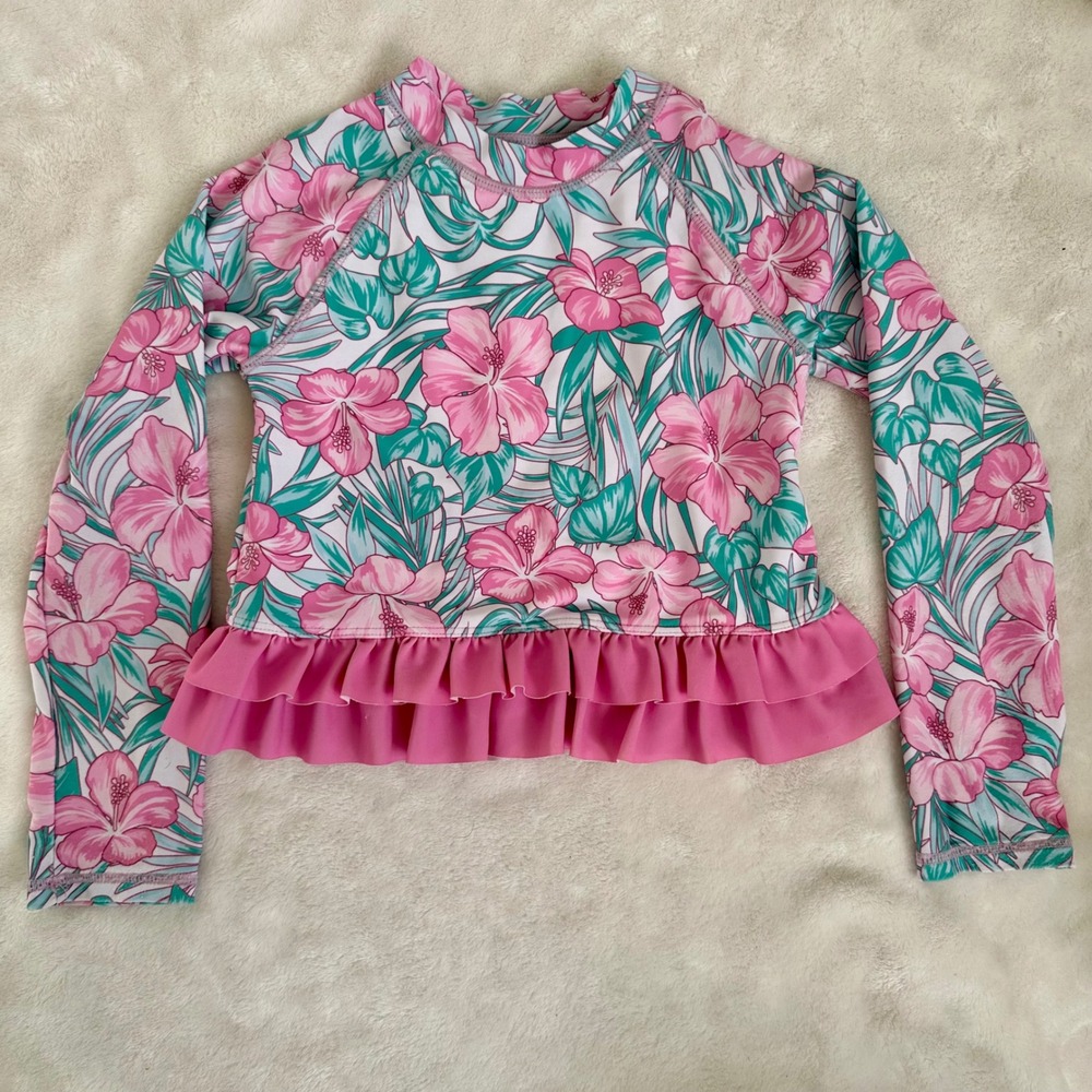 Tommy Bahama Girls Pink Hibiscus Floral Ruffle Rash Guard Top‎ Sz 4